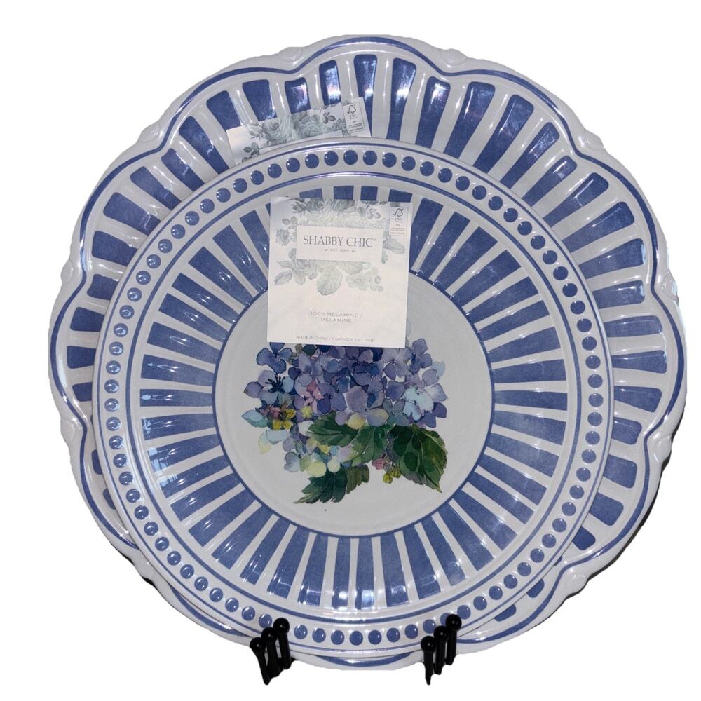 Shabby Chic Hydrangea Floral Blue 11" Dinner 9" Salad Plate Set Melamine NEW